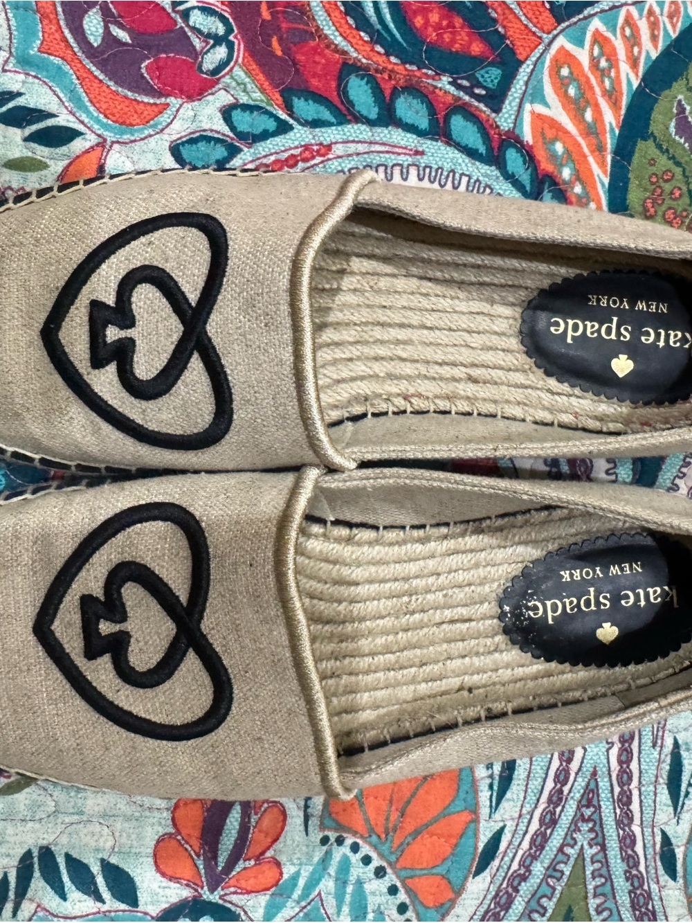 kate spade beige espadrille flats with black stitched heart
